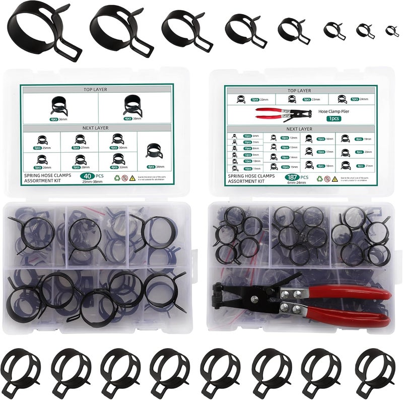 Riyhch 227pcs 6-38mm Spring Band Hose Clamp Assortment Kit with Swivel Flat Band Fuel Hose Clamp Plier,28 Sizes Spring Hose Clip Fuel Line Silicone Vacuum Hose Pipe Clamp, Air Hose Tube Water Pipe Fasteners - Image 1